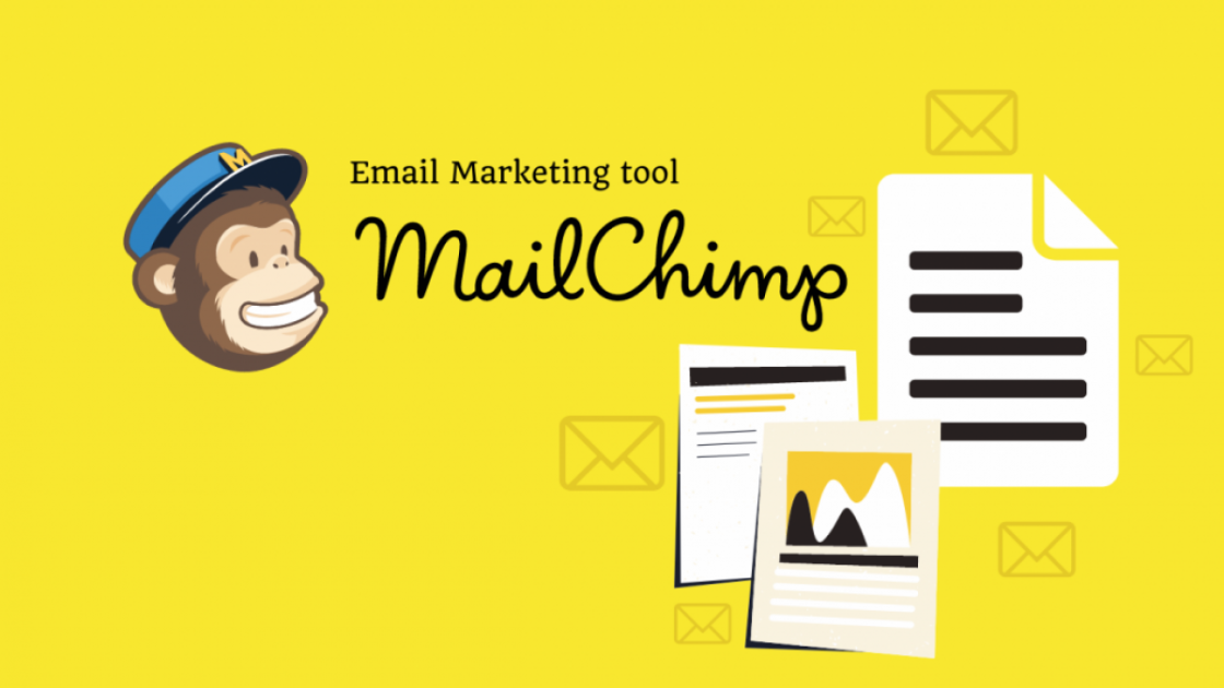 MailChimp logo with documents and emails on yellow background